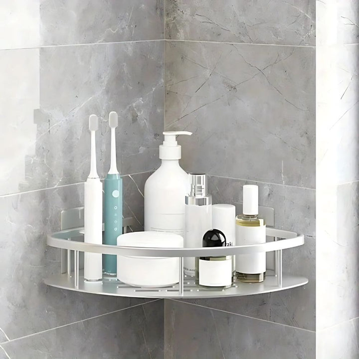 Space-saving silver stainless steel shower caddy organizer, rustproof and wall-mounted for bathroom toiletries storage.