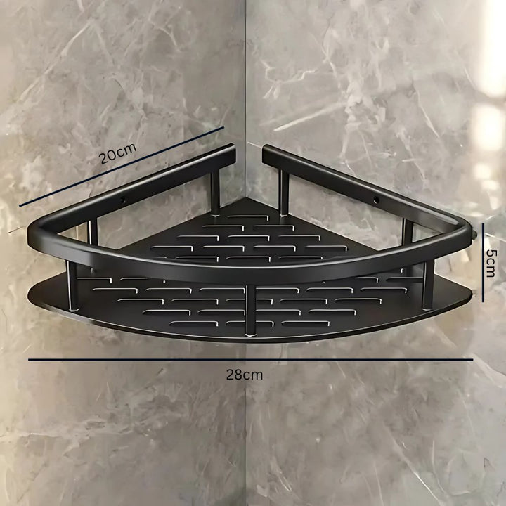 Modern black 1-tier wall-mount bath shelf & shower caddy for efficient home organization and rustproof toiletries storage.