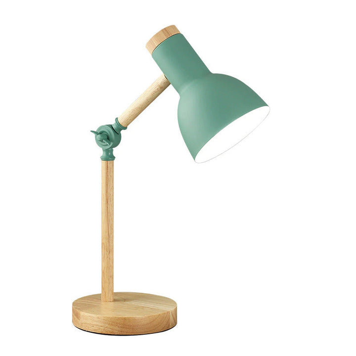 Scandinavian wooden desk lamp with foldable design, colorful shade, adjustable height, and sturdy base. Ideal for any decor.