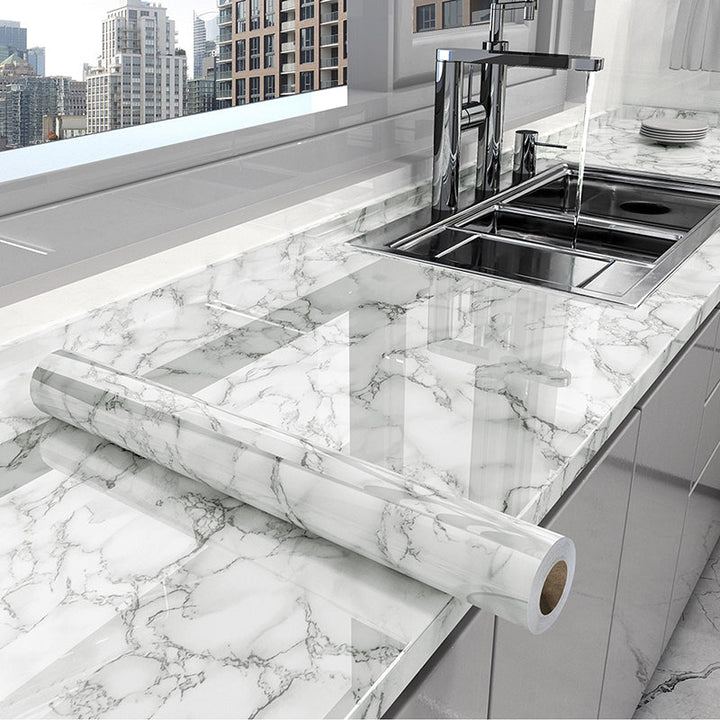 Silver marble self-adhesive contact paper. Oil-resistant kitchen countertop wrap, waterproof stone pattern film.