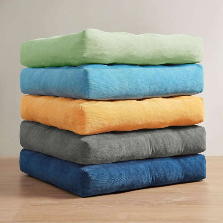 Set of 2 large tufted corduroy meditation floor cushions for yoga & relaxation.