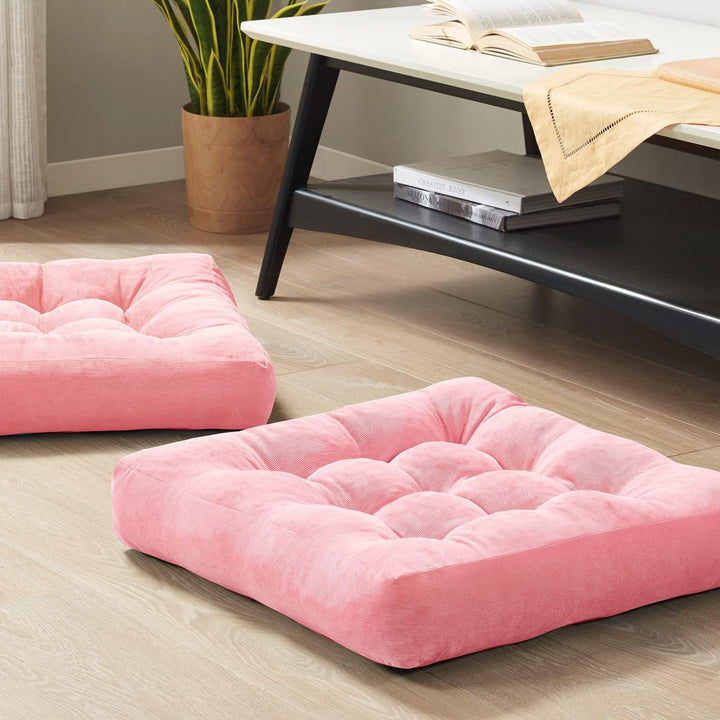Plush set of 2 large tufted corduroy meditation cushions, floor pillows for yoga & relaxed seating.
