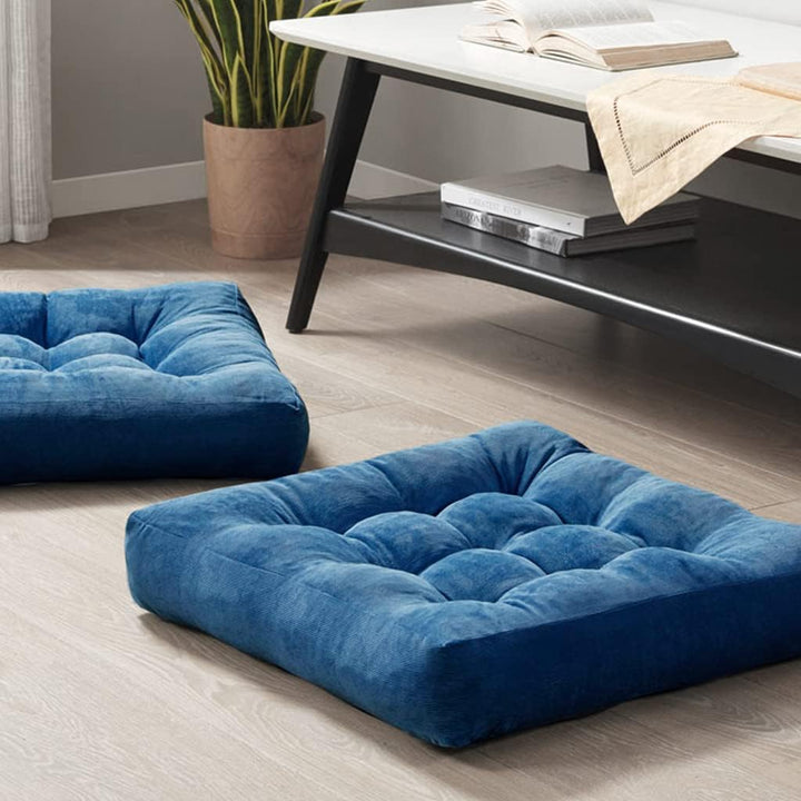 Pair of large tufted corduroy meditation floor cushions, yoga & relaxation pillows for your home.