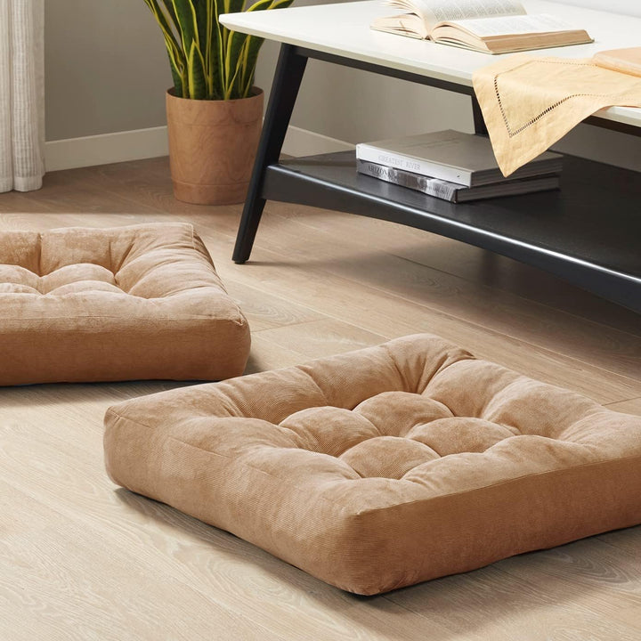Achieve deep relaxation with this set of 2 large tufted corduroy meditation & yoga floor cushions.