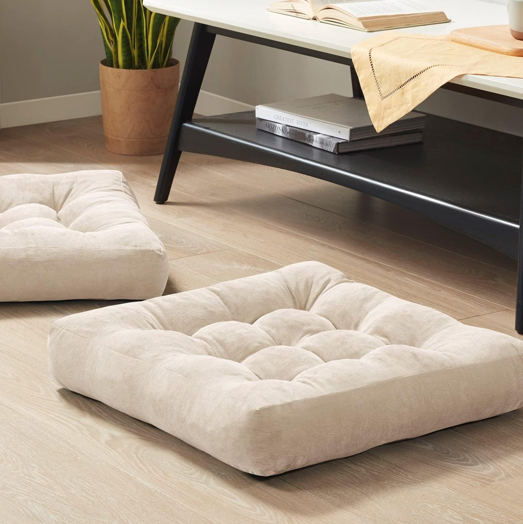 Set of 2 large tufted corduroy floor cushions for meditation, yoga, reading, and comfortable seating.