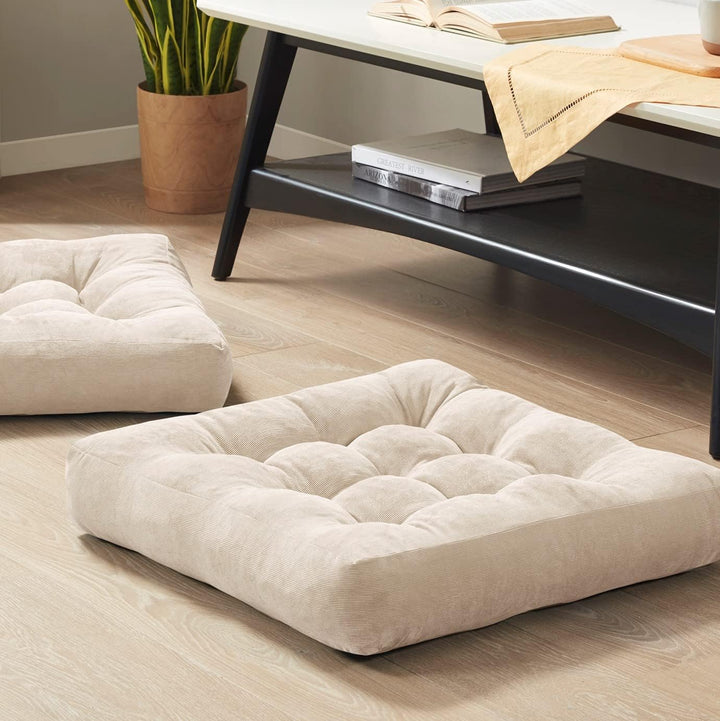 Set of 2 large tufted corduroy floor cushions for meditation, yoga, reading, and comfortable seating.