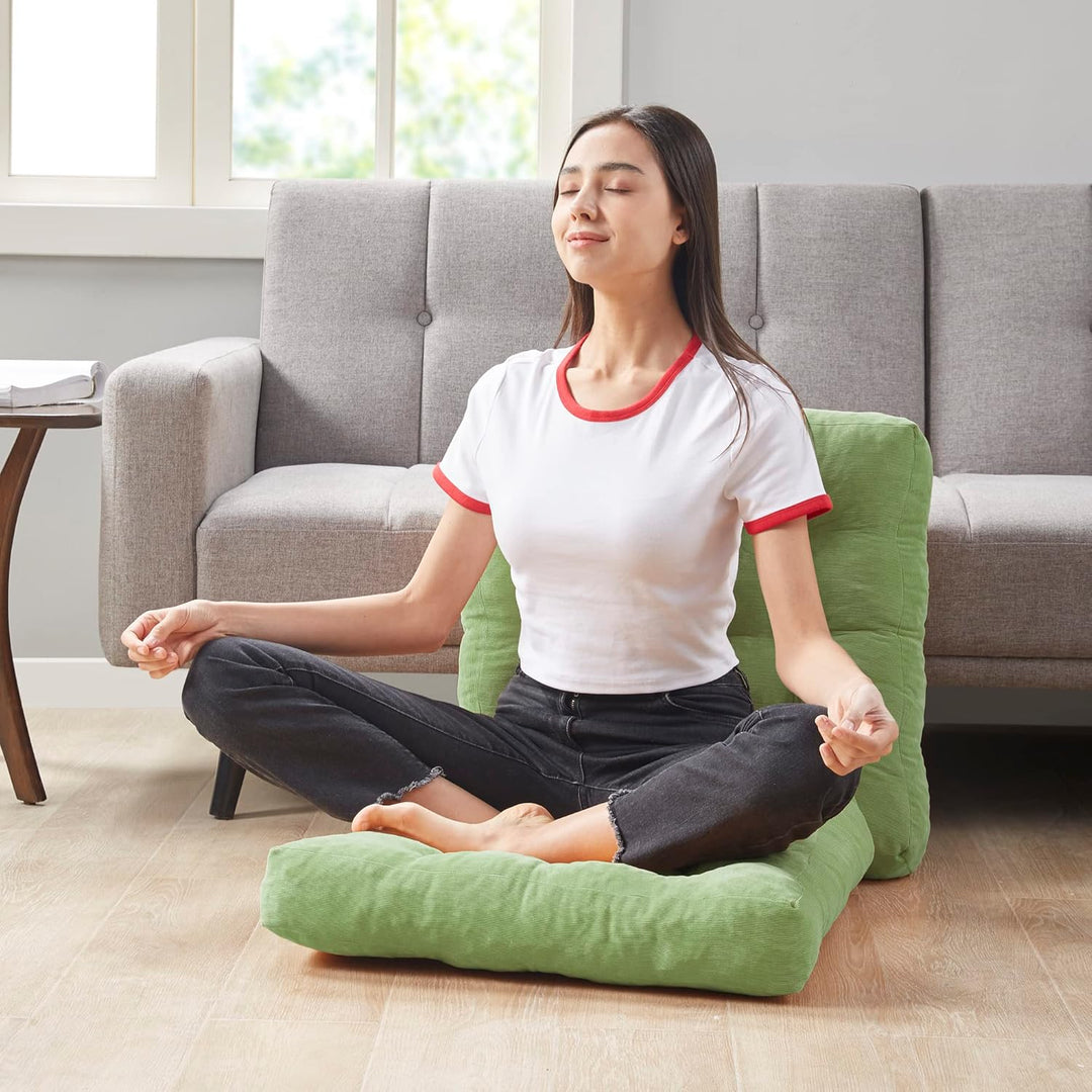 Comfortable set of 2 large tufted corduroy floor pillows for meditation, yoga & home decor.