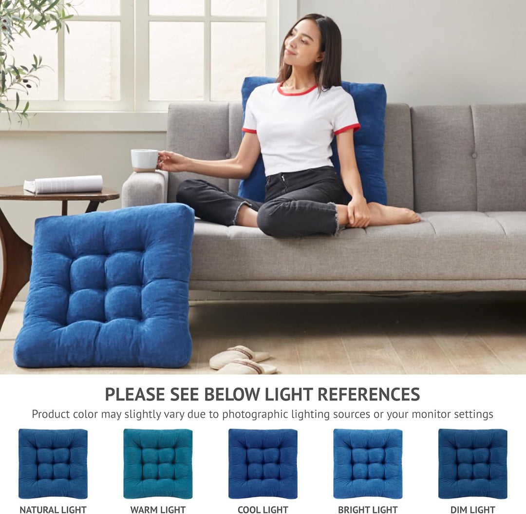 Set of 2 large tufted floor cushions for meditation, yoga, and relaxation. Soft corduroy fabric.