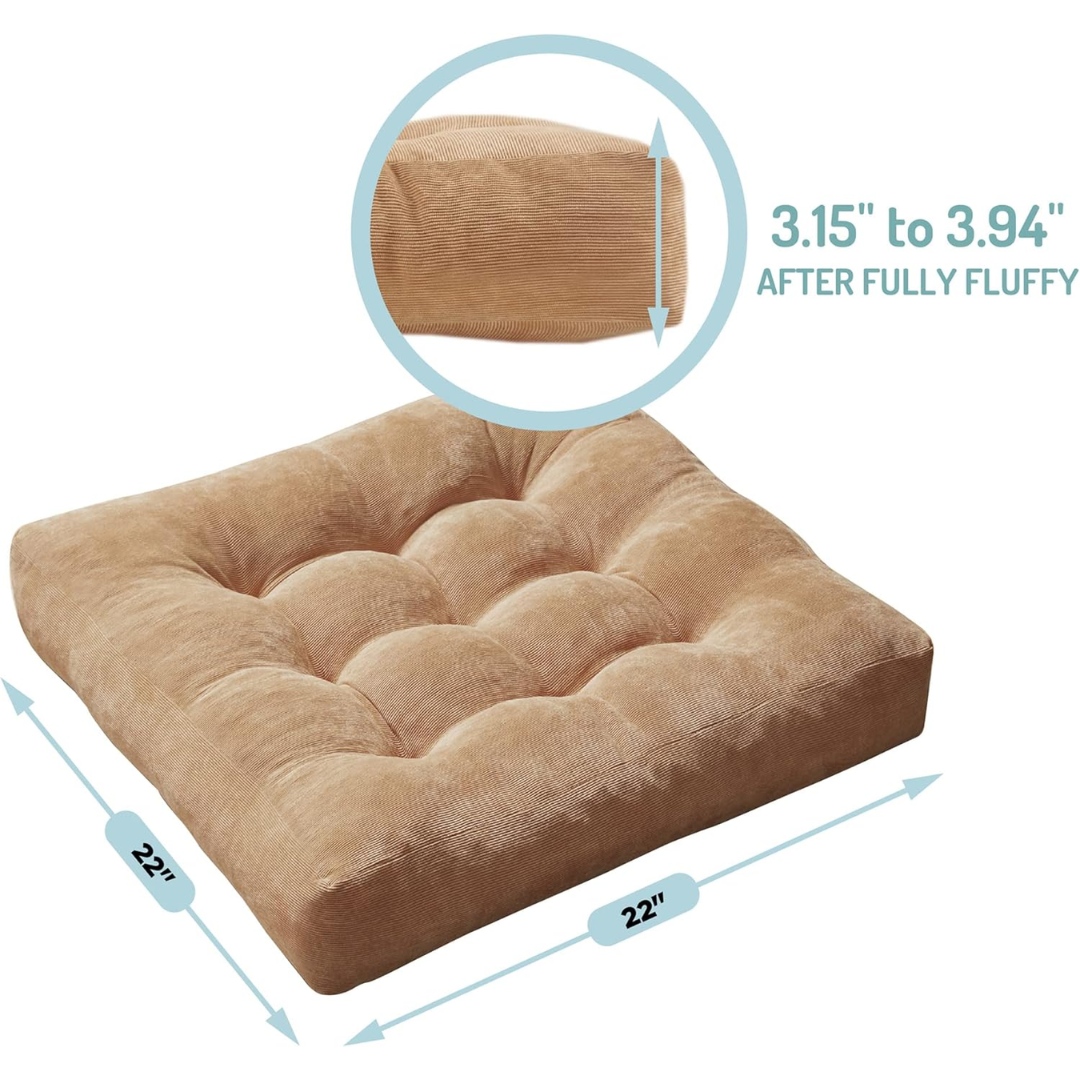 Set of 2 large corduroy tufted floor pillows, ideal yoga & meditation cushions for home comfort.