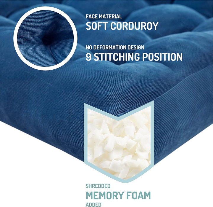 Versatile set of 2 large tufted corduroy cushions for meditation, yoga, relaxation & comfortable seating.