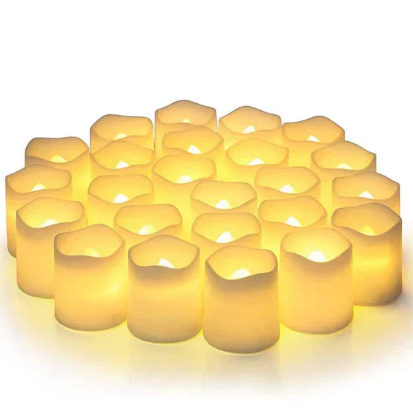 Safe, battery-operated LED flameless candles (24 pcs) with a warm white glow for holiday & home decor.