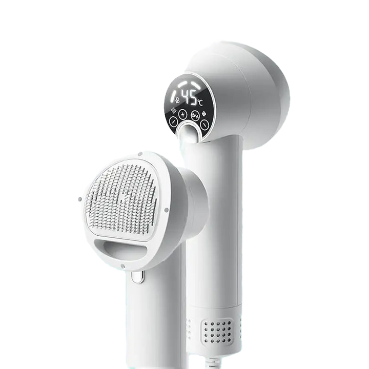 Silent 2-in-1 pet grooming dryer & detangling brush for dogs & cats. Gentle, adjustable heat for fur.