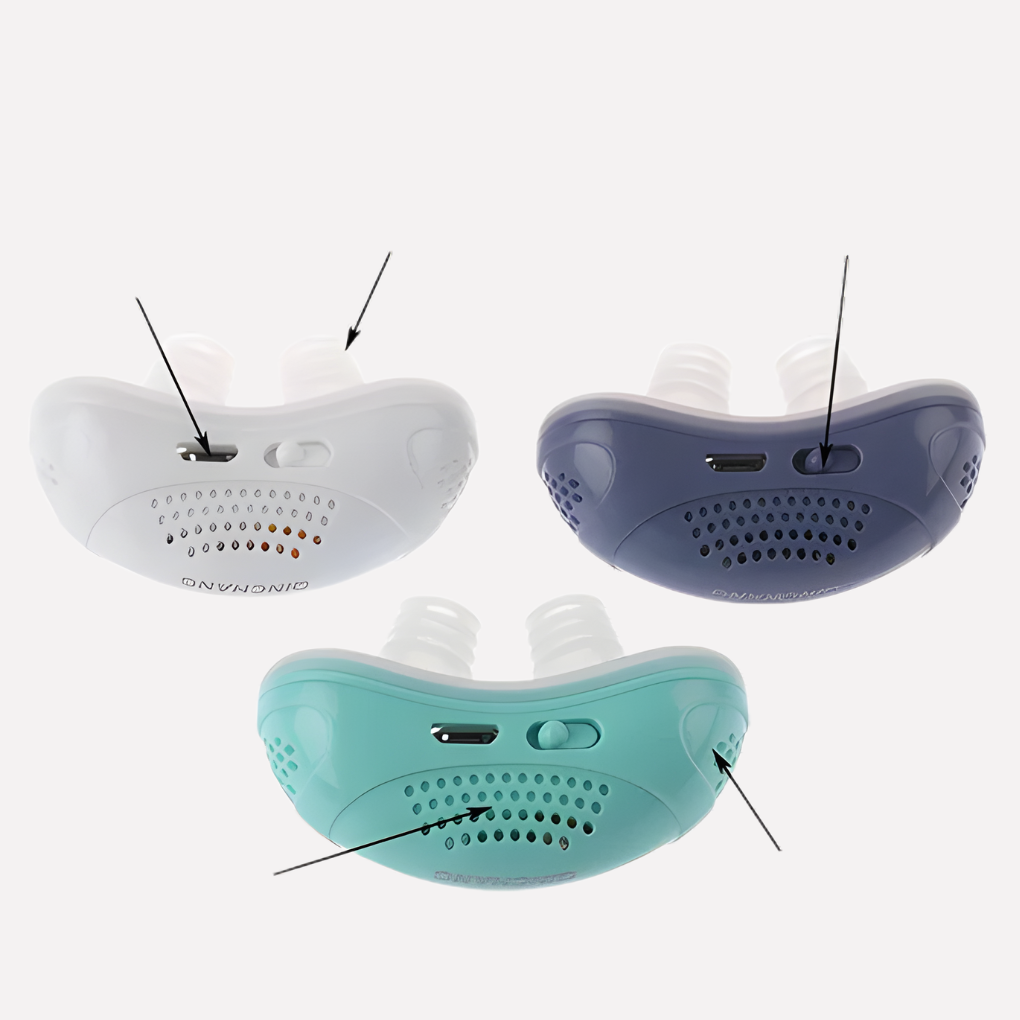 Silent anti-snoring nasal device for peaceful, healthy sleep. Rechargeable, travel-friendly sleep aid.