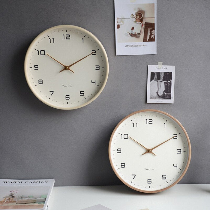 Silent Scandinavian wall clock, modern minimalist design. Perfect brown & cream home or office decor timepiece.