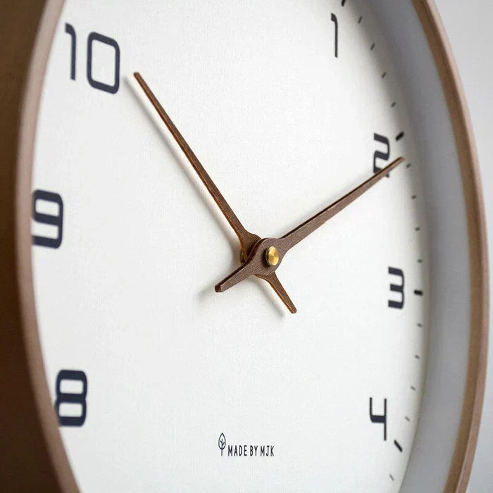 Decorative silent wall clock in Scandinavian design. Elegant brown & cream modern timepiece for office & home decor.