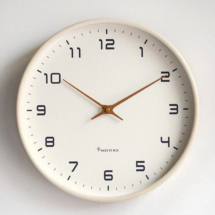 Full view of the modern silent wall clock. Scandinavian brown & cream design, ideal minimalist home & office decor.