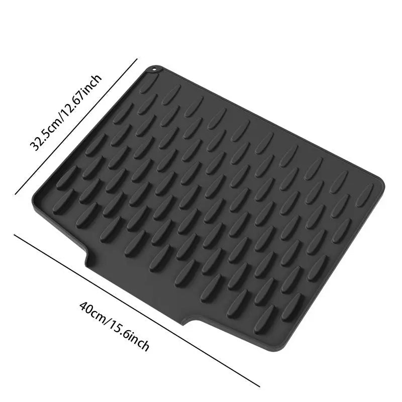 Heat-resistant silicone drying mat, non-slip gradient grip for dishes & hot pans. Keeps kitchen counters dry & organized.