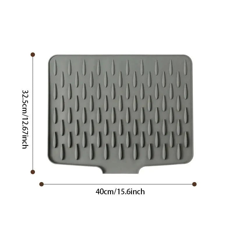 Non-slip silicone dish drying mat for kitchen organization. Gradient grip design, easy clean, protects countertops.