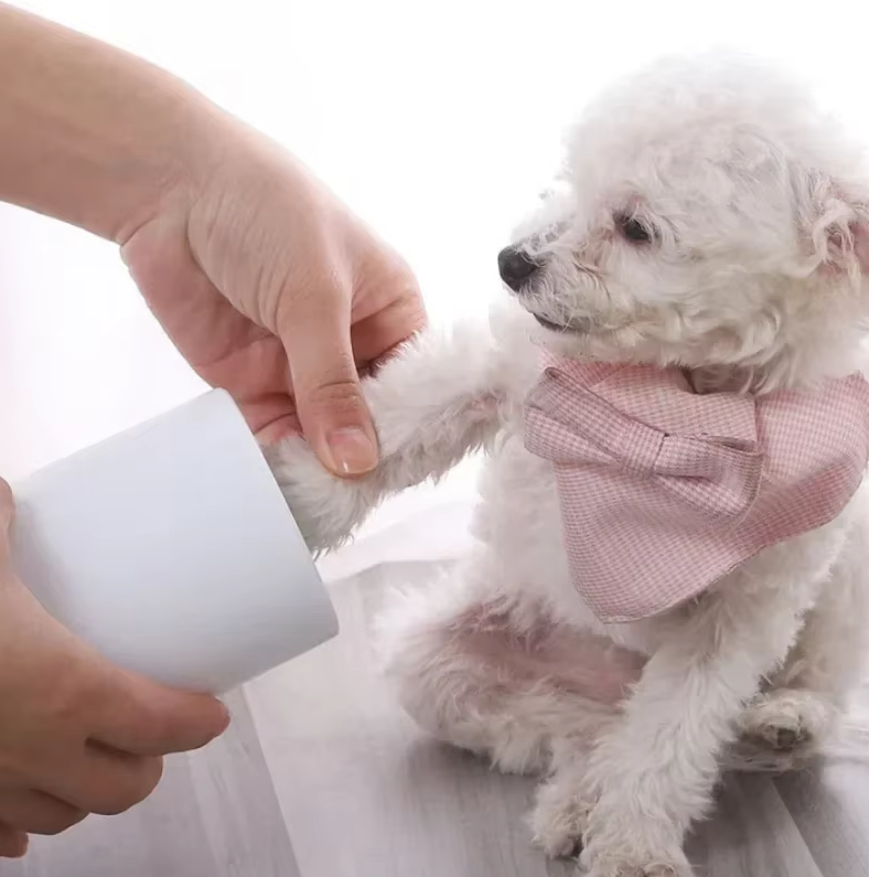 Gentle silicone paw cleaner for pets, featuring soft bristles for thorough cleaning. Portable and eco-friendly design, ideal for dogs and cats' sensitive paws.