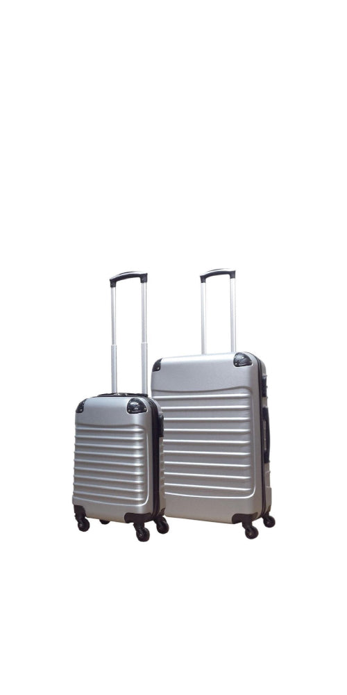 Silver 2-piece hard-shell luggage set with spinner wheels, perfect for travel & vacation.
