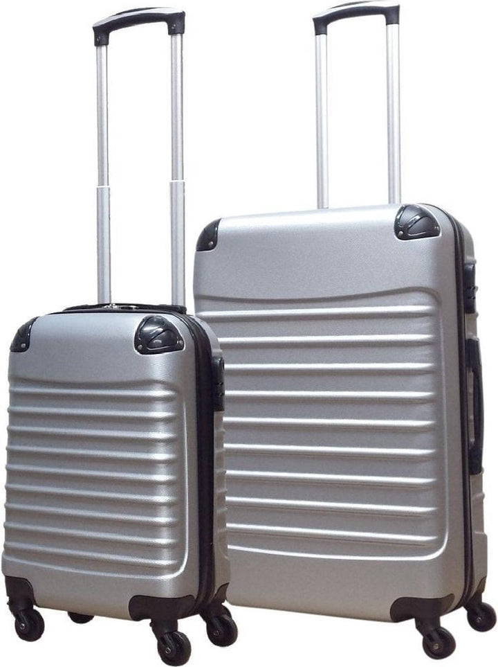 Durable silver hard-shell suitcase set, ideal for business travel, carry-on & checked luggage.