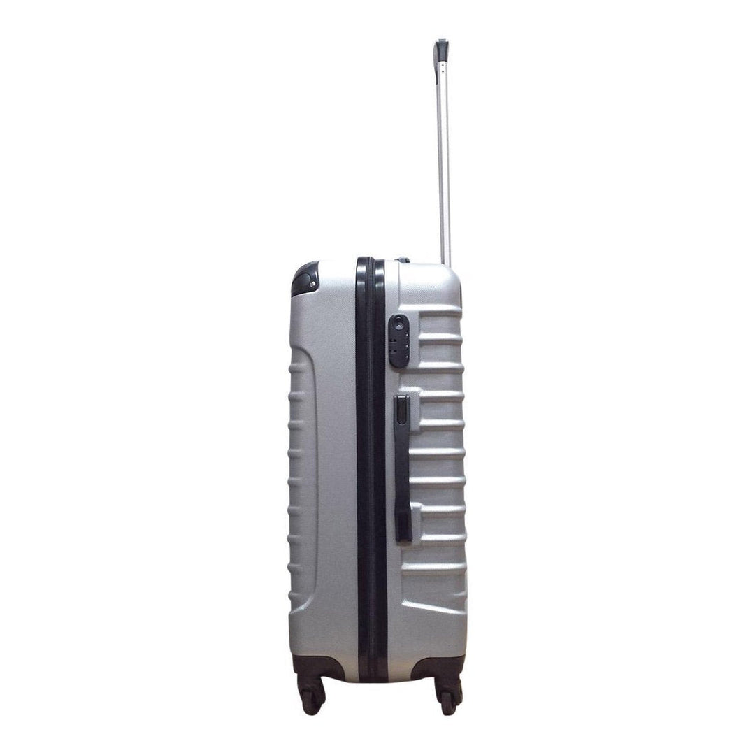 Stylish silver hard-shell travel gear set with smooth spinner wheels, including carry-on & checked bag.