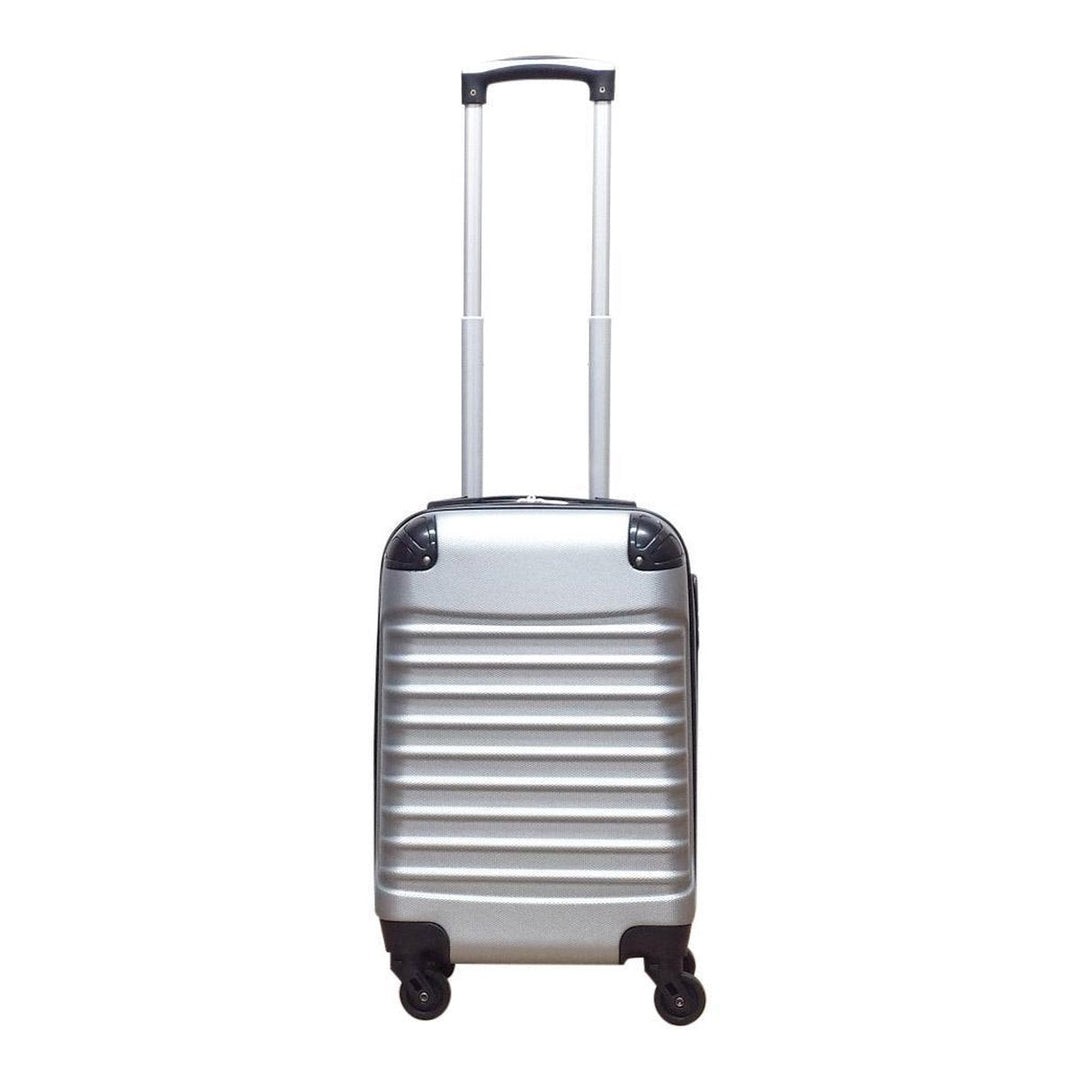 Convenient 2-piece silver hard-shell luggage set for easy travel, with carry-on & larger suitcase.