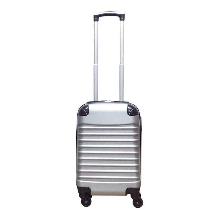 Convenient 2-piece silver hard-shell luggage set for easy travel, with carry-on & larger suitcase.