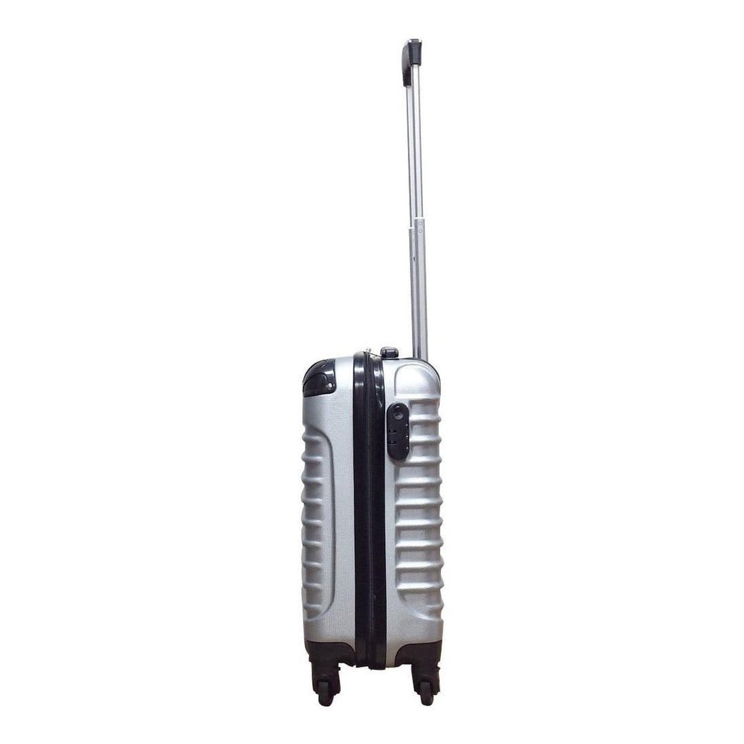 Premium silver 2-piece hard-shell luggage set, including carry-on & checked travel suitcase with spinner wheels.