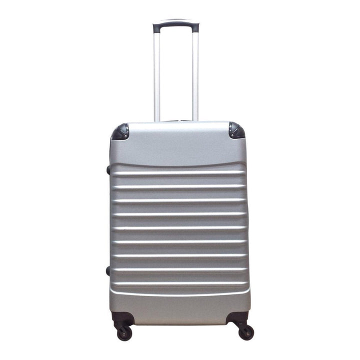 Complete silver hard-shell travel luggage set, perfect for any trip, featuring a carry-on & a large suitcase.