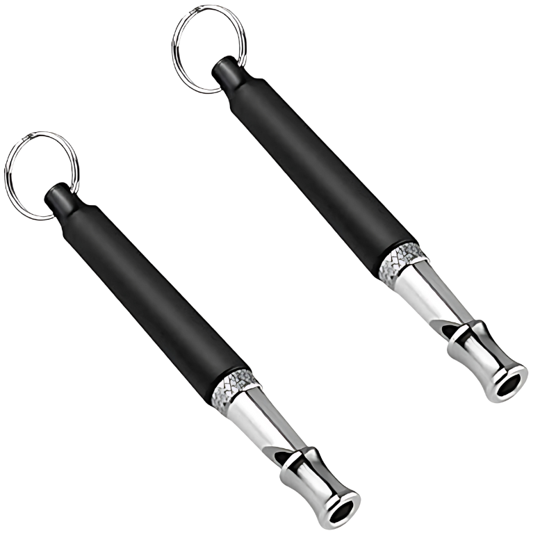 Silver high-frequency dog training whistle with black tip, compact and lightweight; part of a 2-pack for effective pet traini