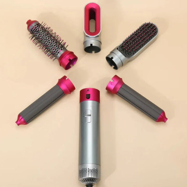 "Sleek 5-in-1 hair styler with attachments for curling, straightening, and drying; compact design, fits all hair types."