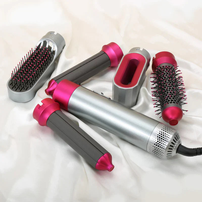 "Sleek 5-in-1 hair styler with attachments for curling, straightening, and drying; compact design, fits all hair types."