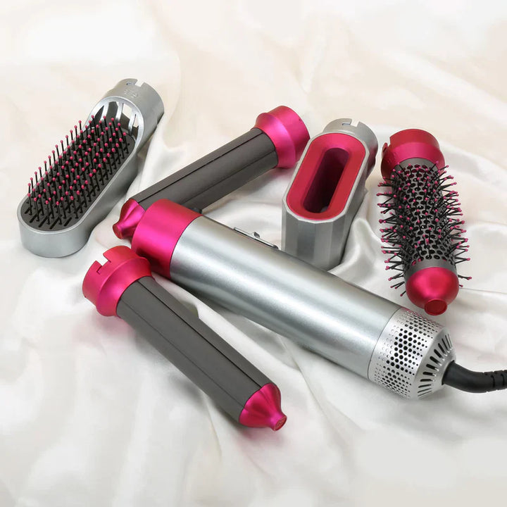 "Sleek 5-in-1 hair styler with attachments for curling, straightening, and drying; compact design, fits all hair types."