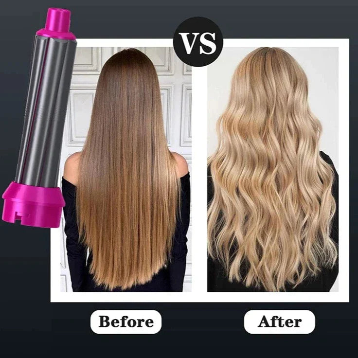 "Sleek 5-in-1 hair styler with attachments for curling, straightening, and drying; compact design, fits all hair types."