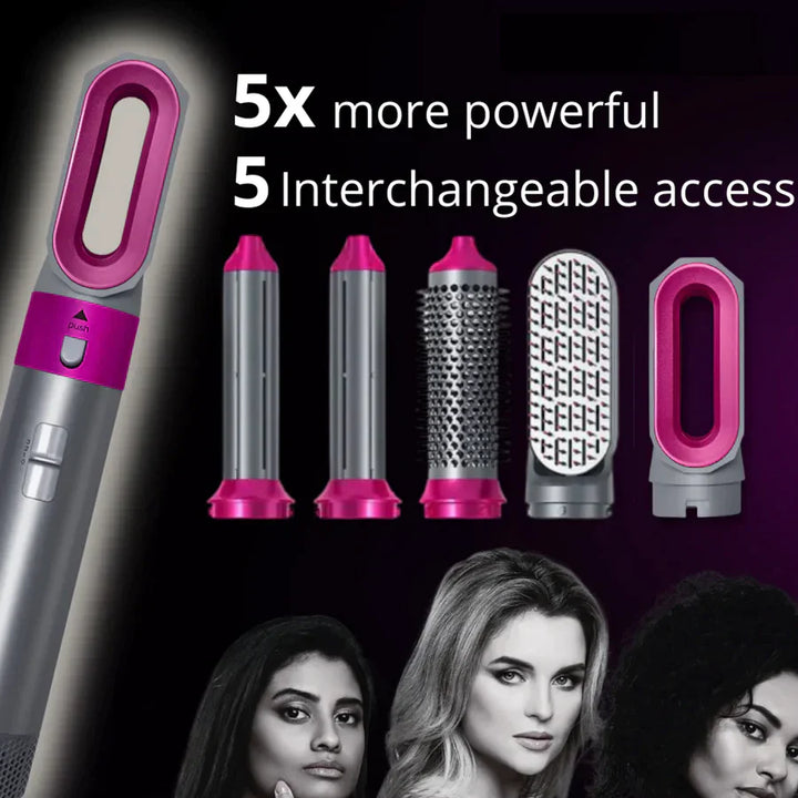 "Sleek 5-in-1 hair styler with attachments for curling, straightening, and drying; compact design, fits all hair types."