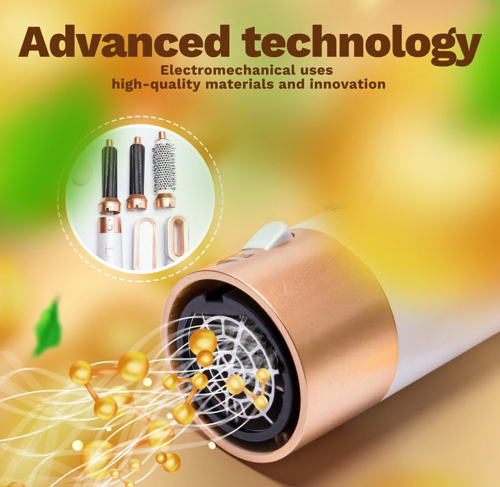 "Sleek 5-in-1 hair styler with attachments for curling, straightening, and drying; compact design, fits all hair types."