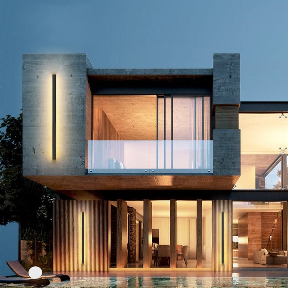 Sleek aluminium outdoor wall sconce with backlit design, ideal for modern patios; corrosion-resistant and stylish.