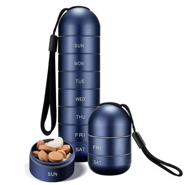 Sleek aluminum weekly pill organizer for medication management, portable for travel and daily dosage.