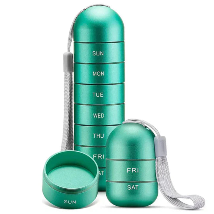 Waterproof aluminum travel pill organizer with 7 daily compartments for medication and supplements.