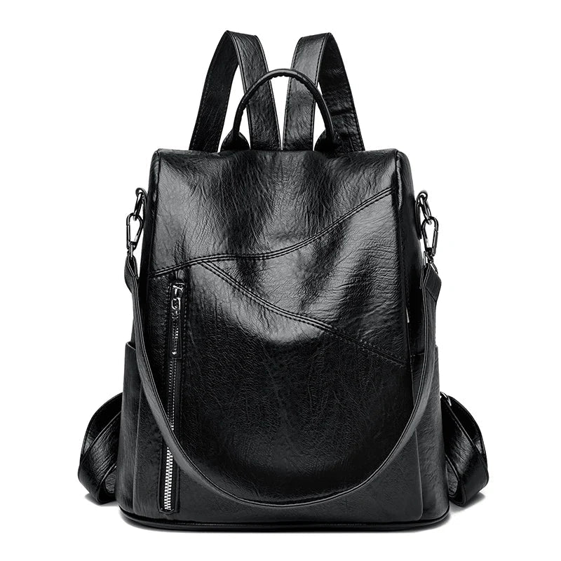 Stylish women's black leather travel backpack, a versatile fashion accessory.
