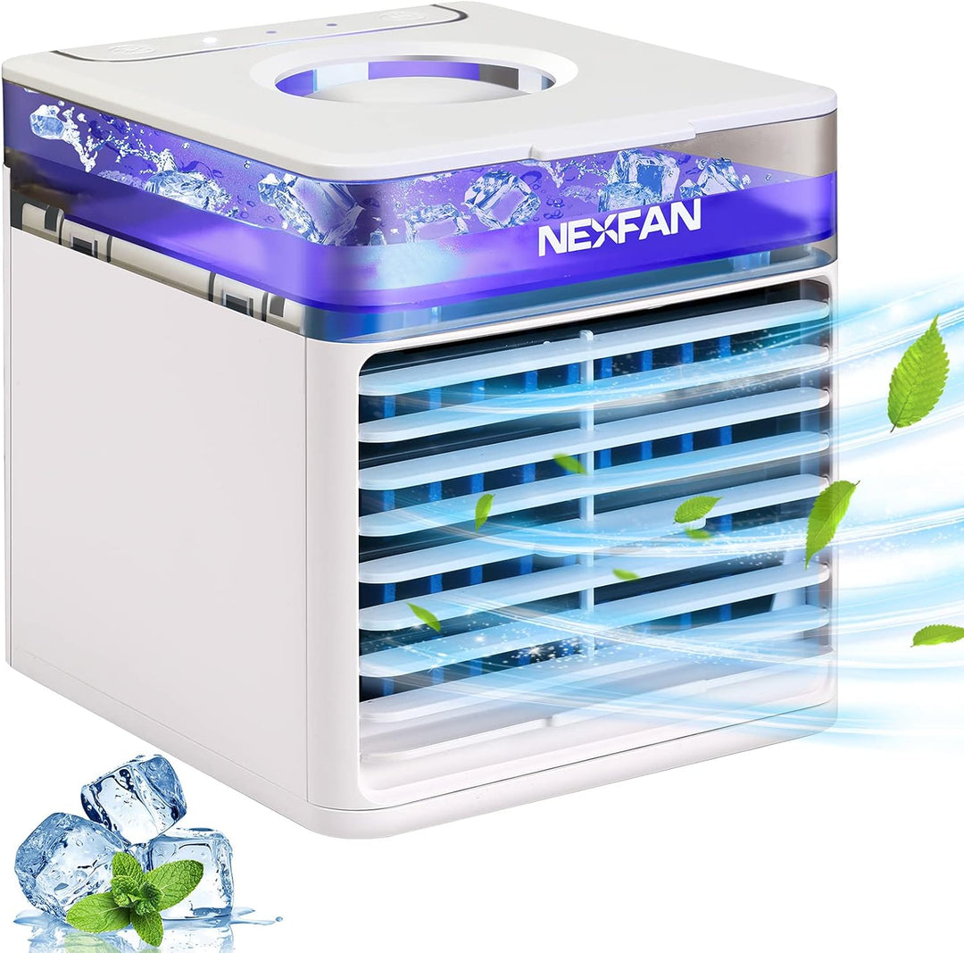 "Sleek compact portable air conditioner fan with white and grey finish, ideal for small spaces and efficient cooling."
