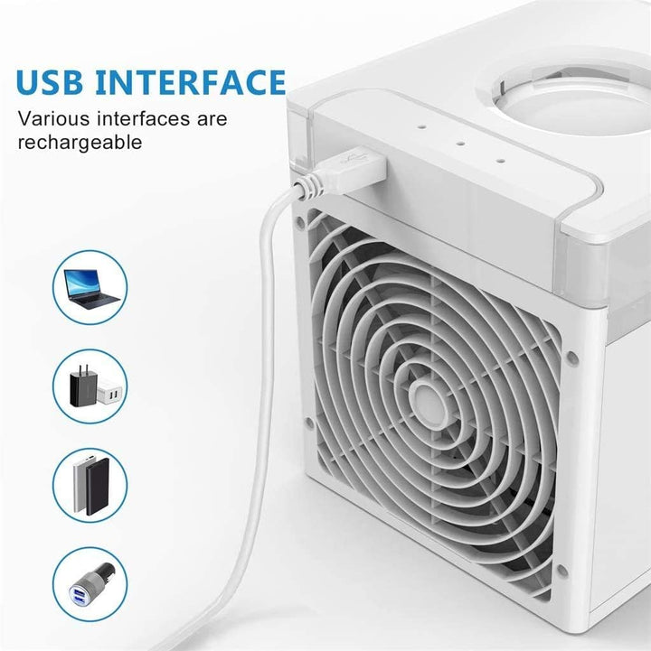 "Sleek compact portable air conditioner fan with white and grey finish, ideal for small spaces and efficient cooling."