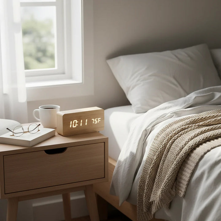 Sleek digital LED alarm clock with voice control for modern homes.