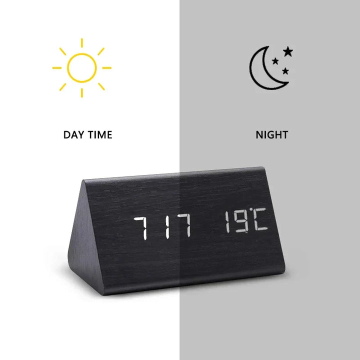 Modern minimalist LED alarm clock with voice control for a smart bedroom setup.