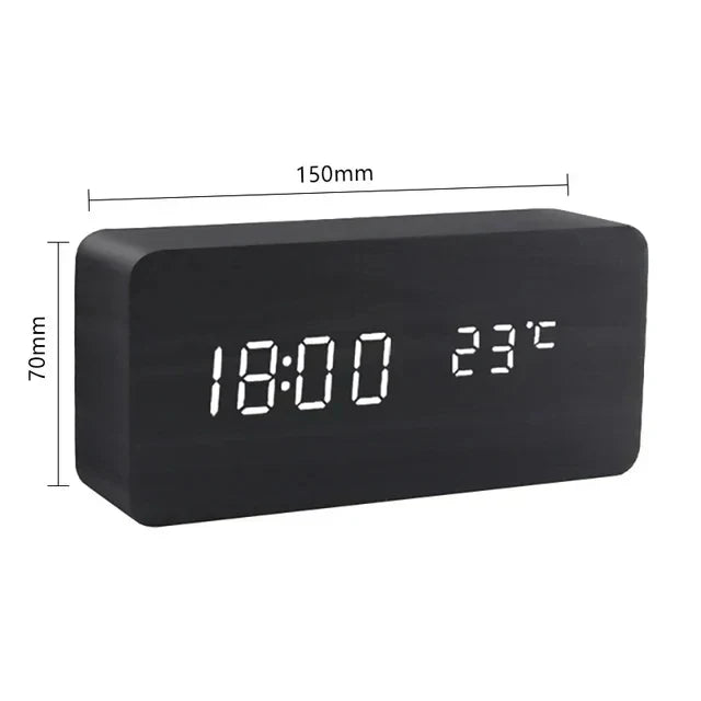 Sleek digital voice control alarm clock, bright LED display perfect for any room.