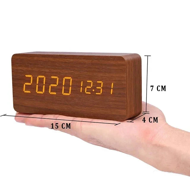 Smart bedroom LED alarm clock, voice-activated with temperature display.
