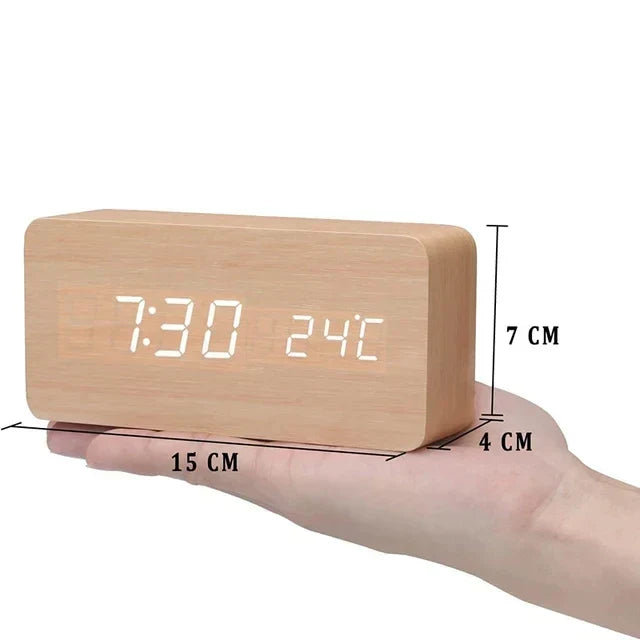 Voice-controlled LED digital clock with temperature, modern and sleek for contemporary homes.