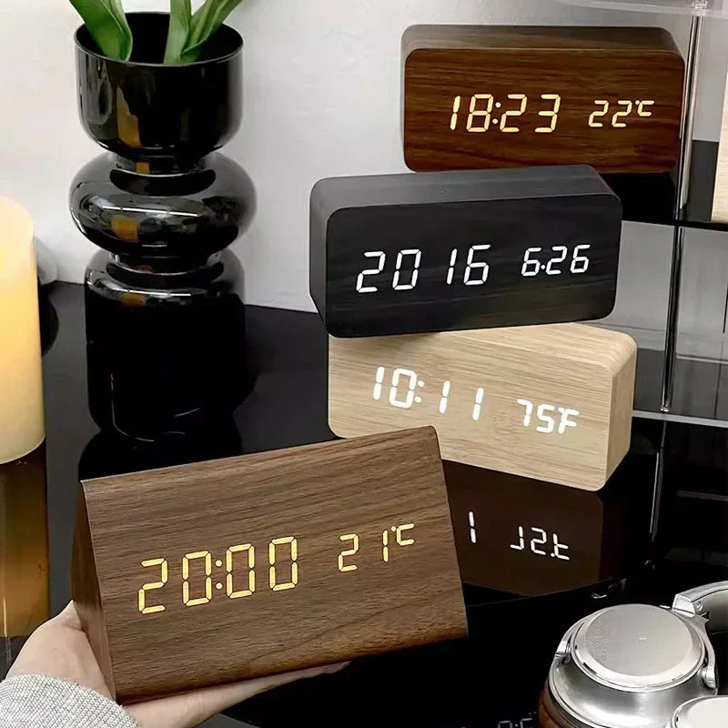 Modern voice control smart alarm clock, LED display, temperature, minimalist design.