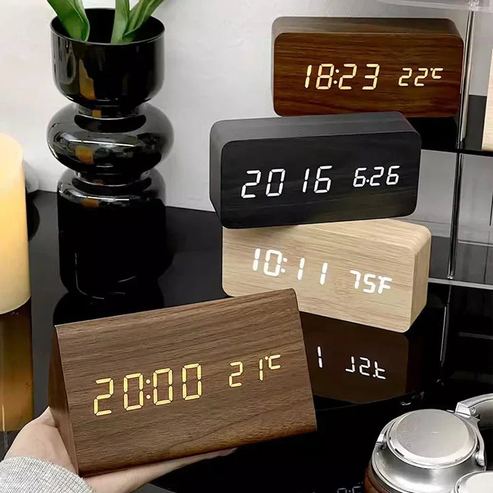 Modern voice control smart alarm clock, LED display, temperature, minimalist design.
